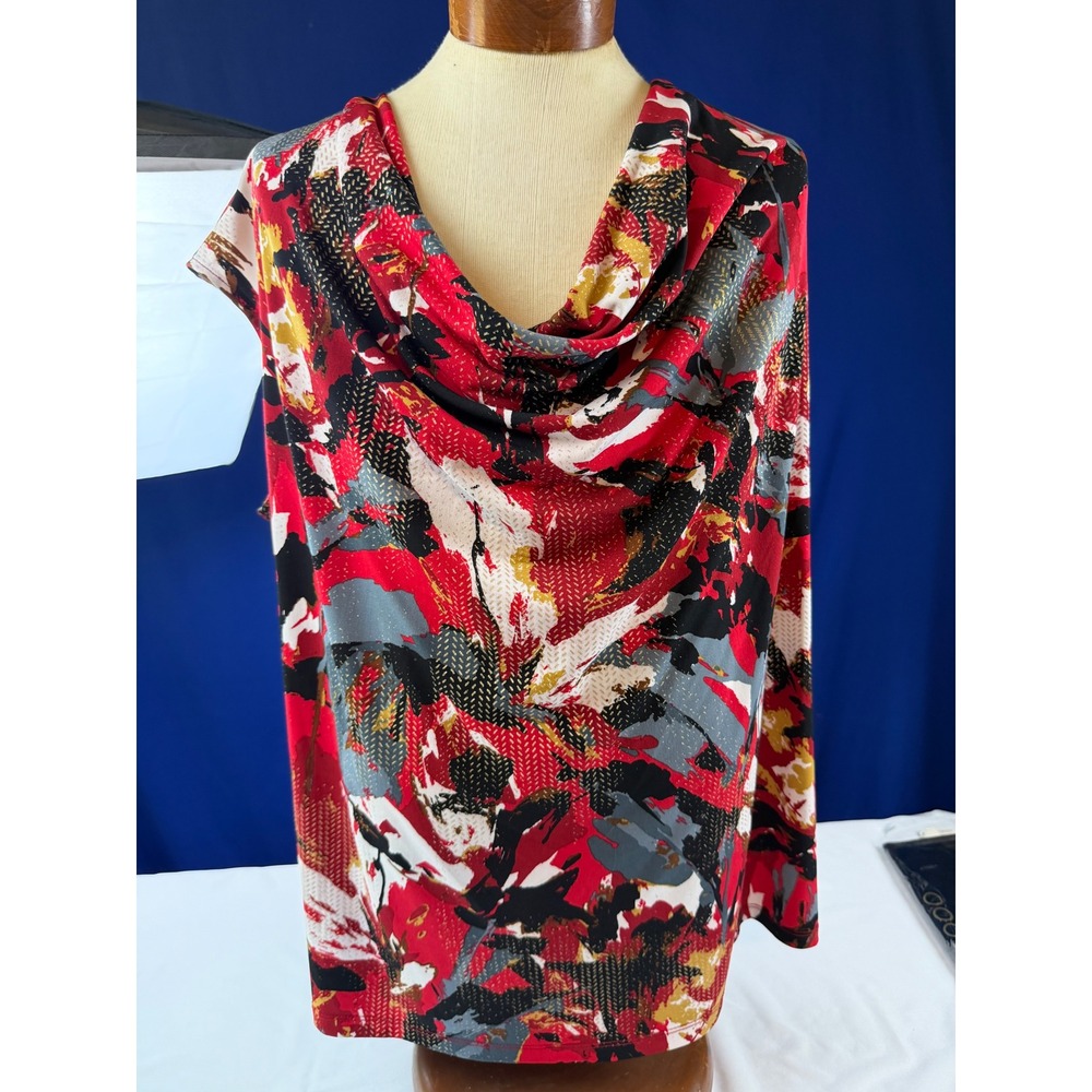 Kasper Women 2X Red Abstract Cowl Neck Sleeveless Blouse Top Shell Multi Color